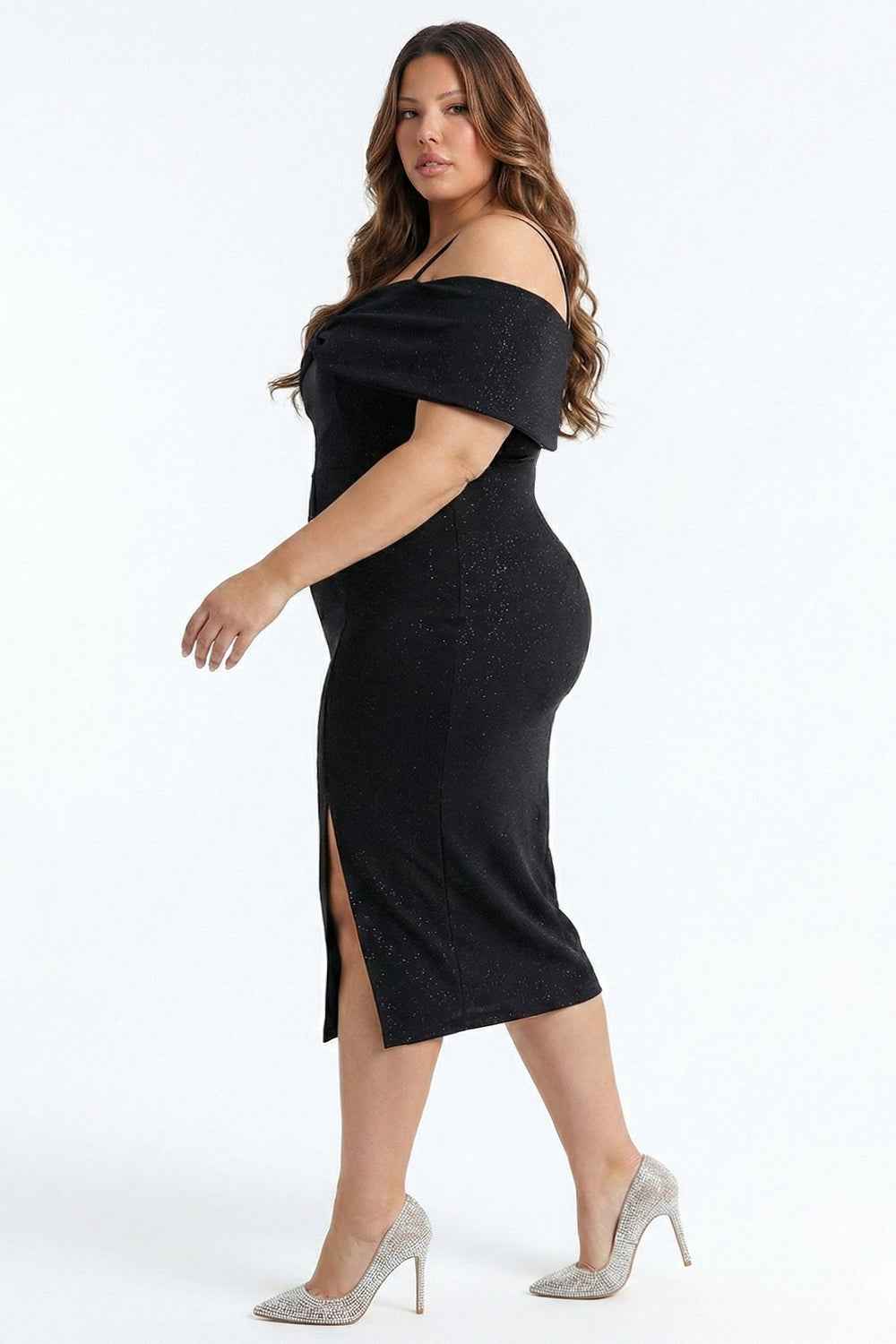 Glitter Bow Front Off The Shoulder Plus Size Midi Dress
