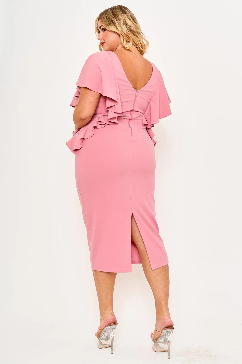 Plus Size Midi Dress - Drop Shoulder Ruffle Zipper Back Detail BOUTINIE