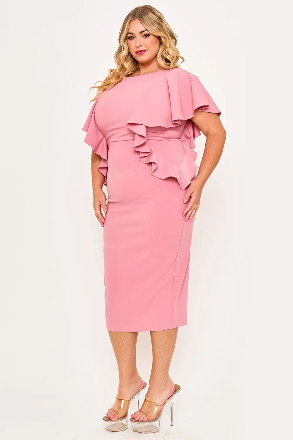 Plus Size Midi Dress - Drop Shoulder Ruffle Zipper Back Detail BOUTINIE