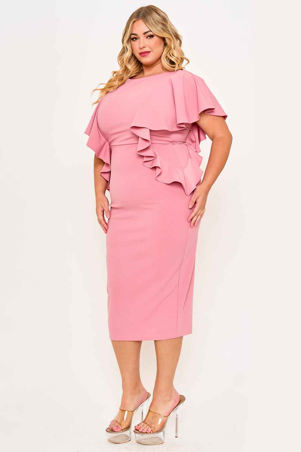 Drop Shoulder With Ruffle Plus Size Midi Dress