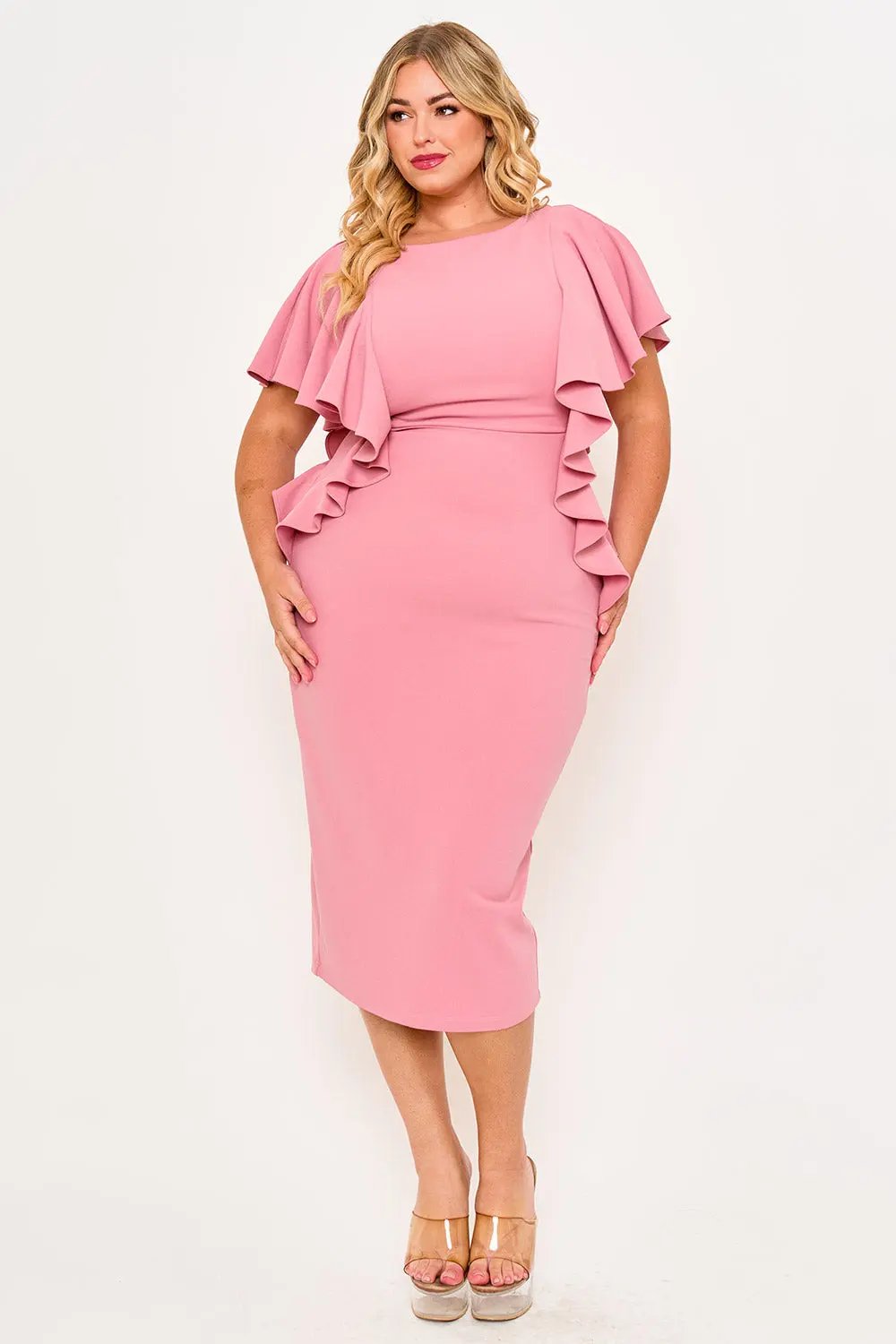 Plus Size Midi Dress - Drop Shoulder Ruffle Zipper Back Detail BOUTINIE