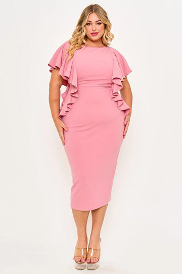 Plus Size Midi Dress - Drop Shoulder Ruffle Zipper Back Detail BOUTINIE