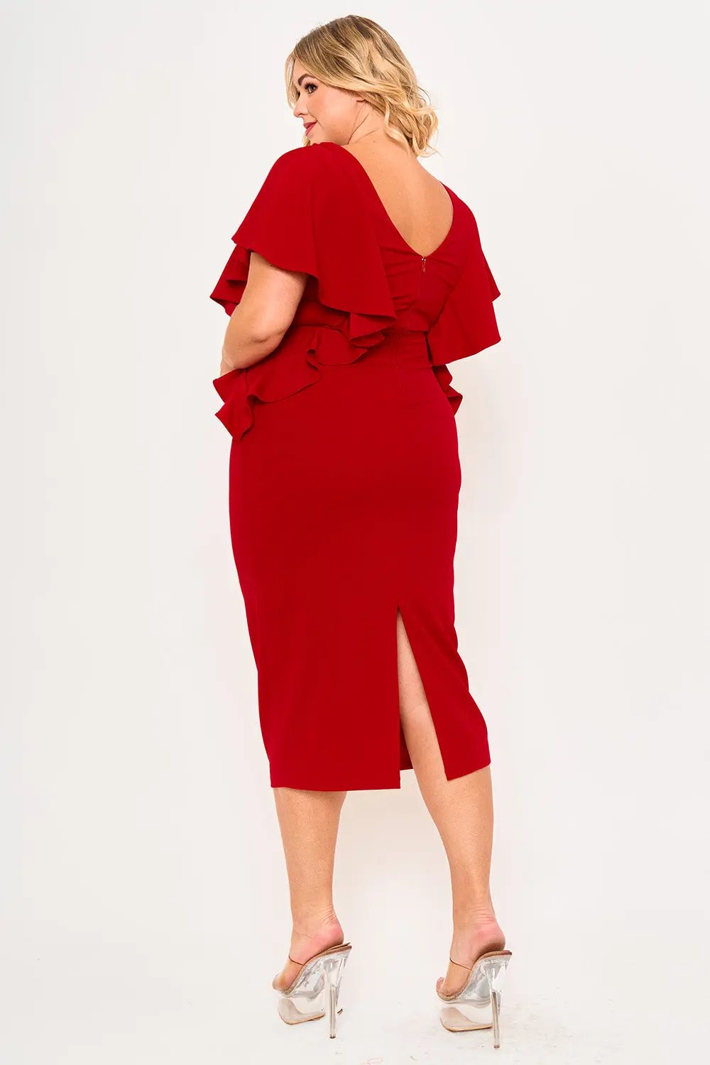 Plus Size Midi Dress - Drop Shoulder Ruffle Zipper Back Detail BOUTINIE