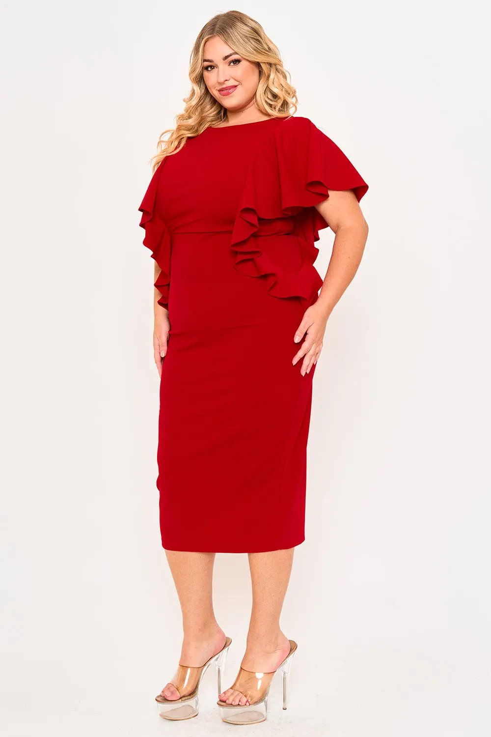 Plus Size Midi Dress - Drop Shoulder Ruffle Zipper Back Detail BOUTINIE