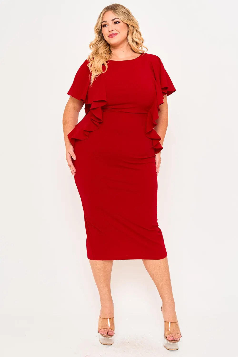 Plus Size Midi Dress - Drop Shoulder Ruffle Zipper Back Detail BOUTINIE