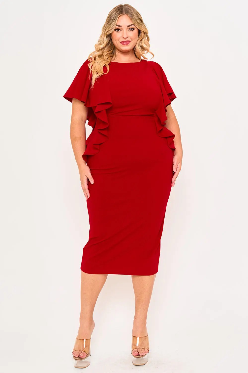 Plus Size Midi Dress - Drop Shoulder Ruffle Zipper Back Detail BOUTINIE