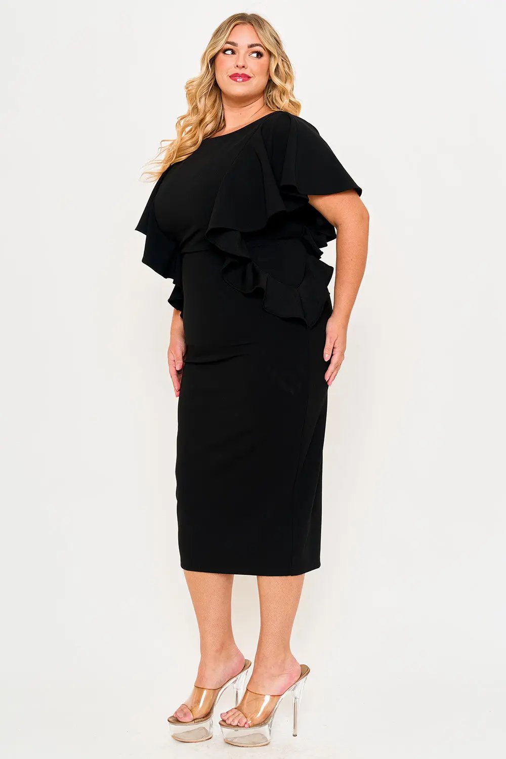 Plus Size Midi Dress - Drop Shoulder Ruffle Zipper Back Detail BOUTINIE