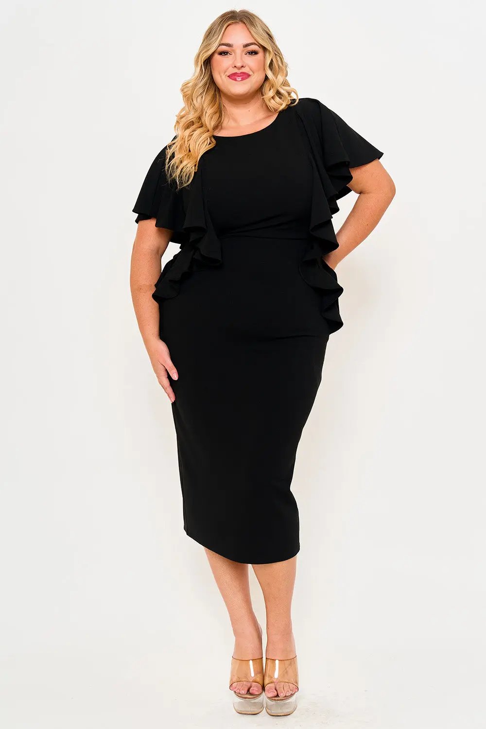 Plus Size Midi Dress - Drop Shoulder Ruffle Zipper Back Detail BOUTINIE