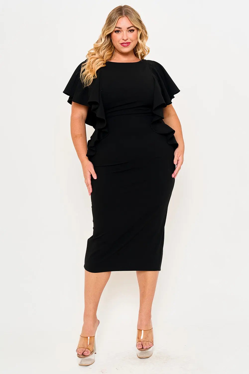 Plus Size Midi Dress - Drop Shoulder Ruffle Zipper Back Detail BOUTINIE