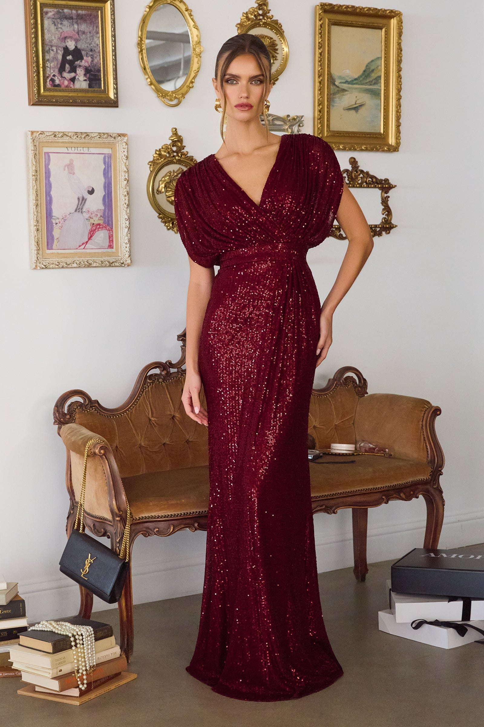 Sequin Fitted Short Sleeve Gown by Amoris T101
