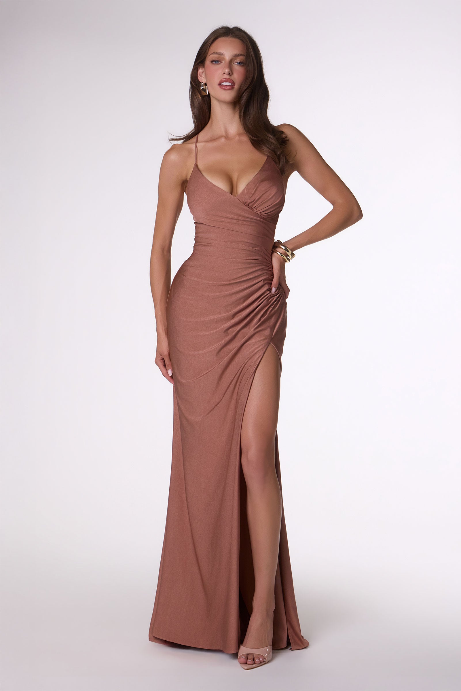 Satin Fitted V-Neck Slit Gown by Amoris T102