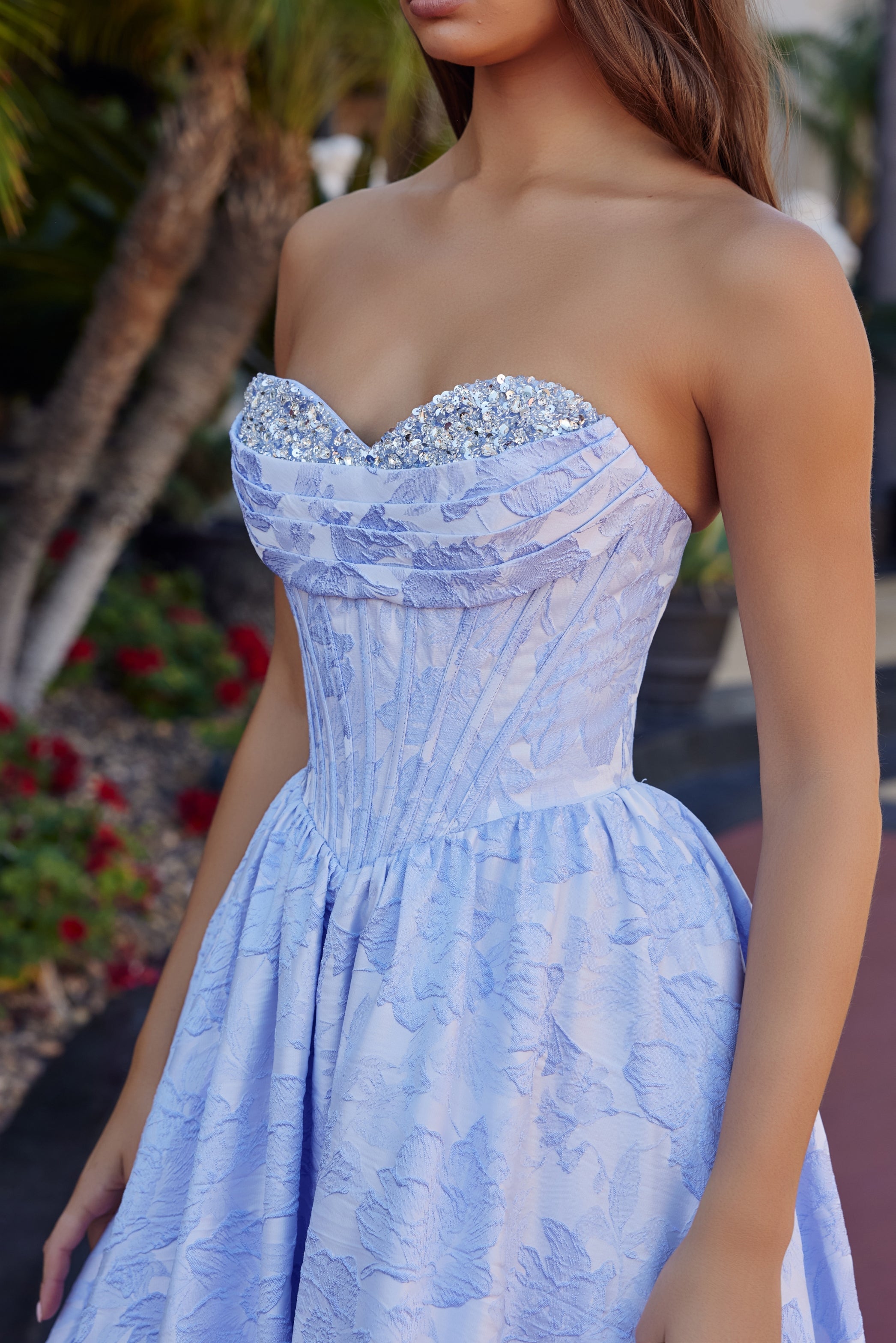 Jaquard Strapless A-line Gown by Nox Anabel T1912