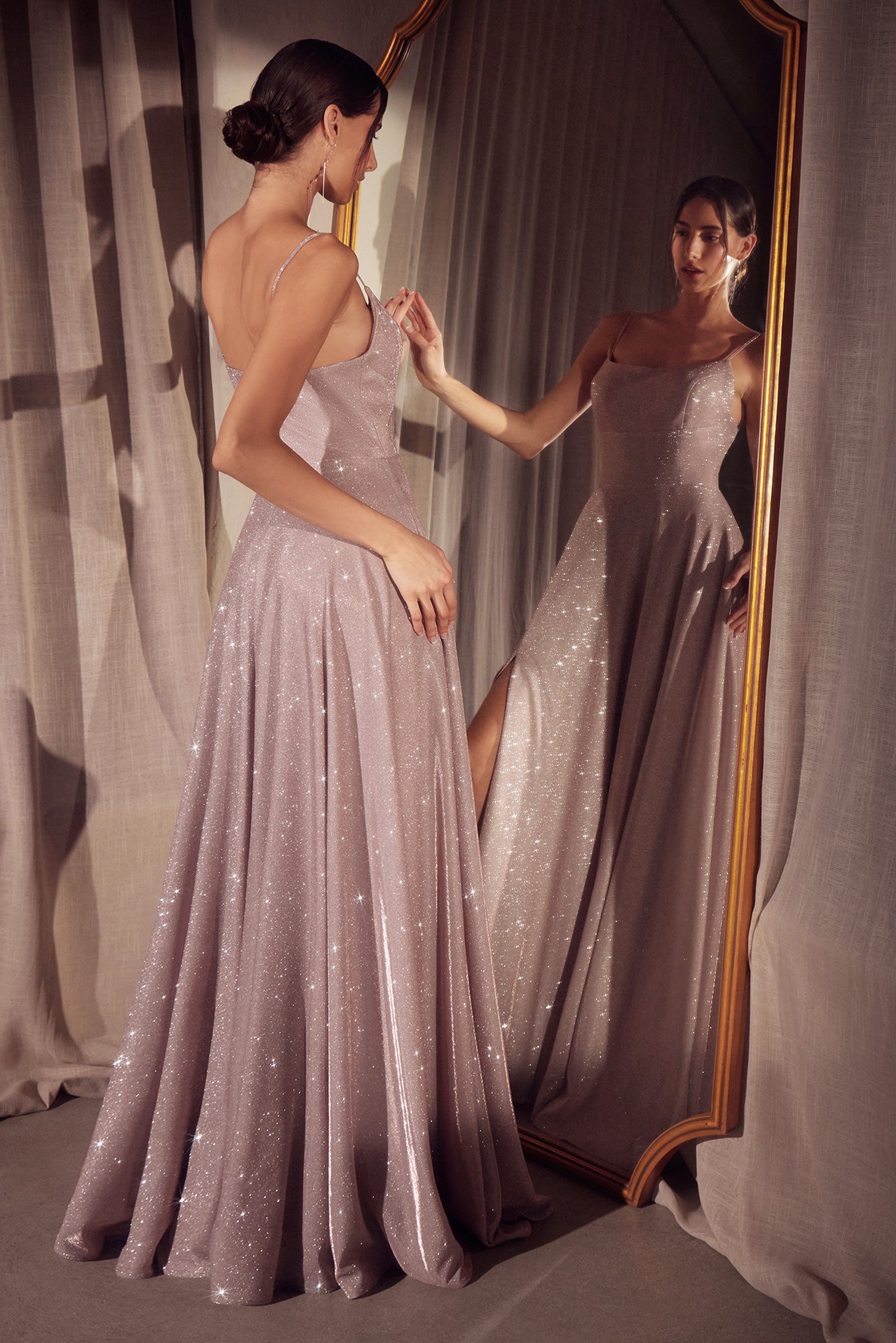 Glitter Sleeveless A-line Slit Gown by Amoris T213