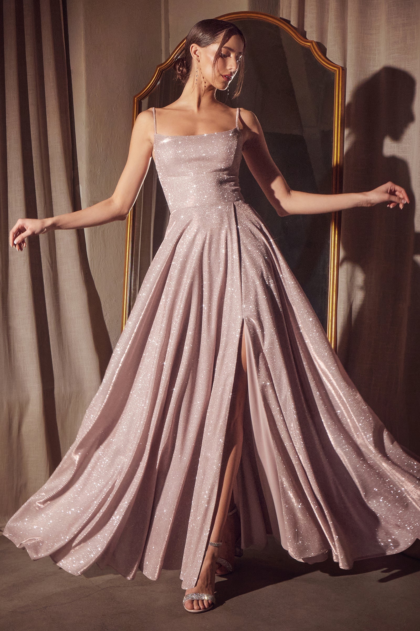 Glitter Sleeveless A-line Slit Gown by Amoris T213
