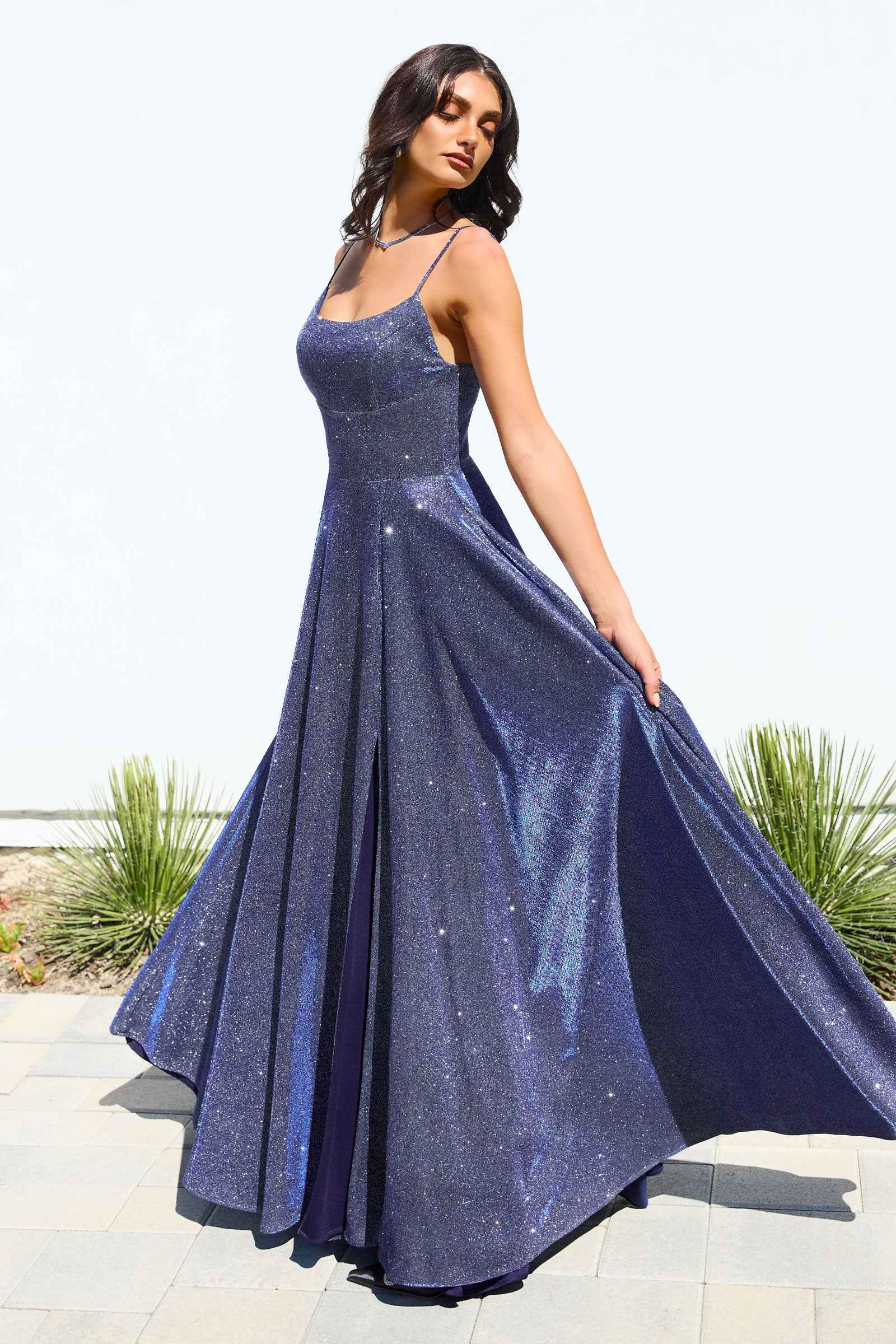 Glitter Sleeveless A-line Slit Gown by Amoris T213