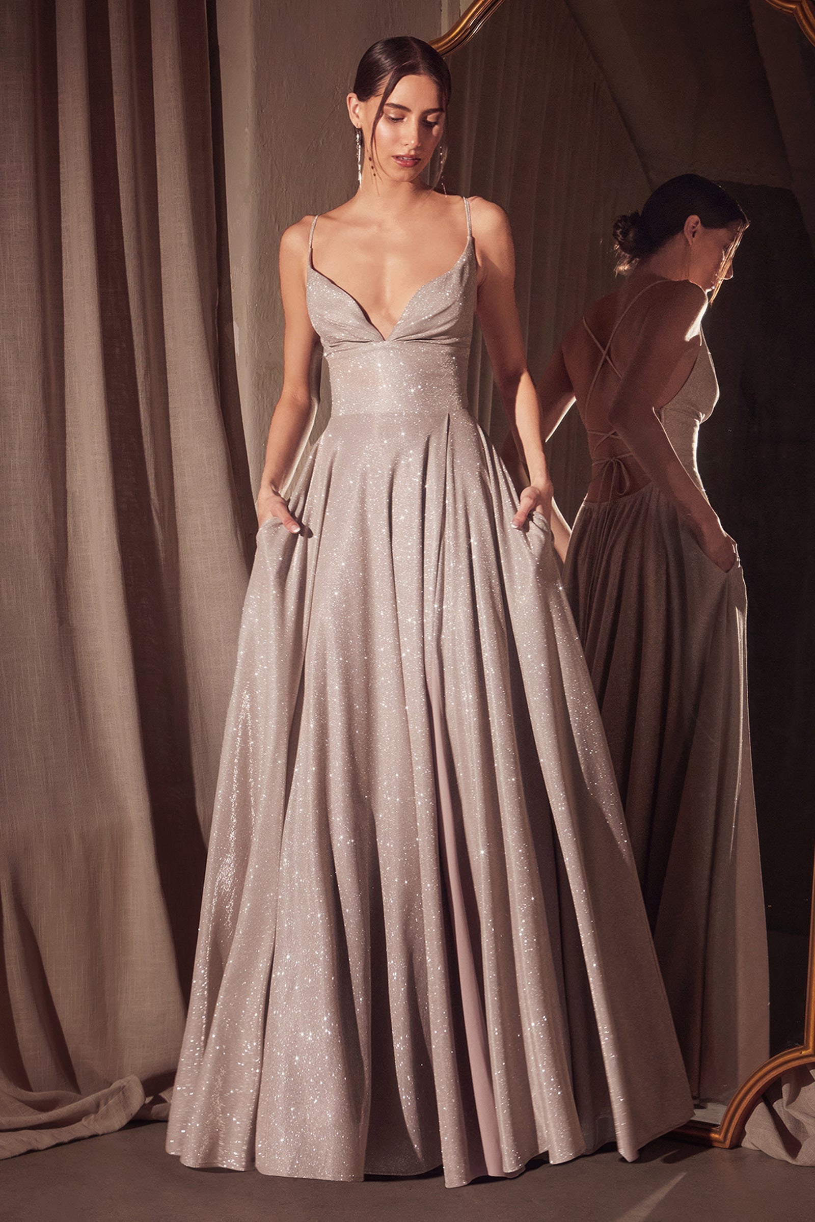 Glitter V-Neck A-line Slit Gown by Amoris T214