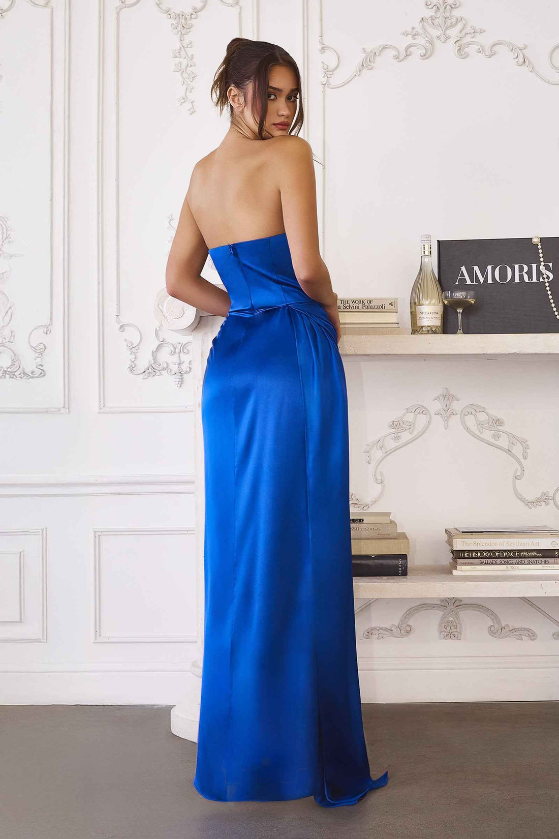 White Satin Strapless Slit Gown by Amoris T215W
