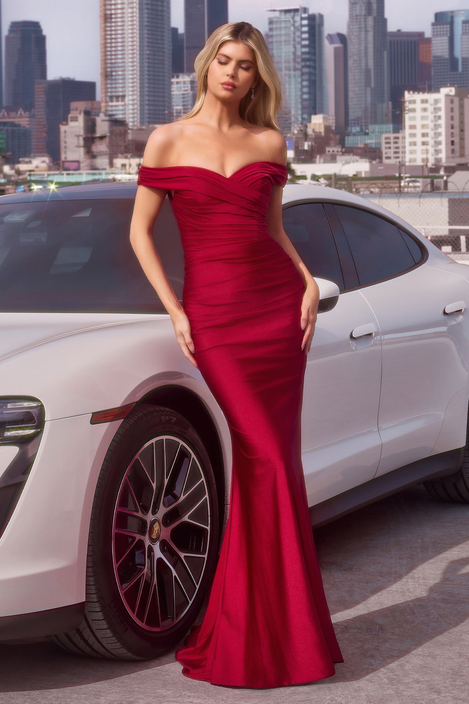 Jersey Fitted Off Shoulder Gown by Amoris T402