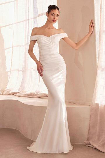 White Satin Off Shoulder Gown by Amoris T402W