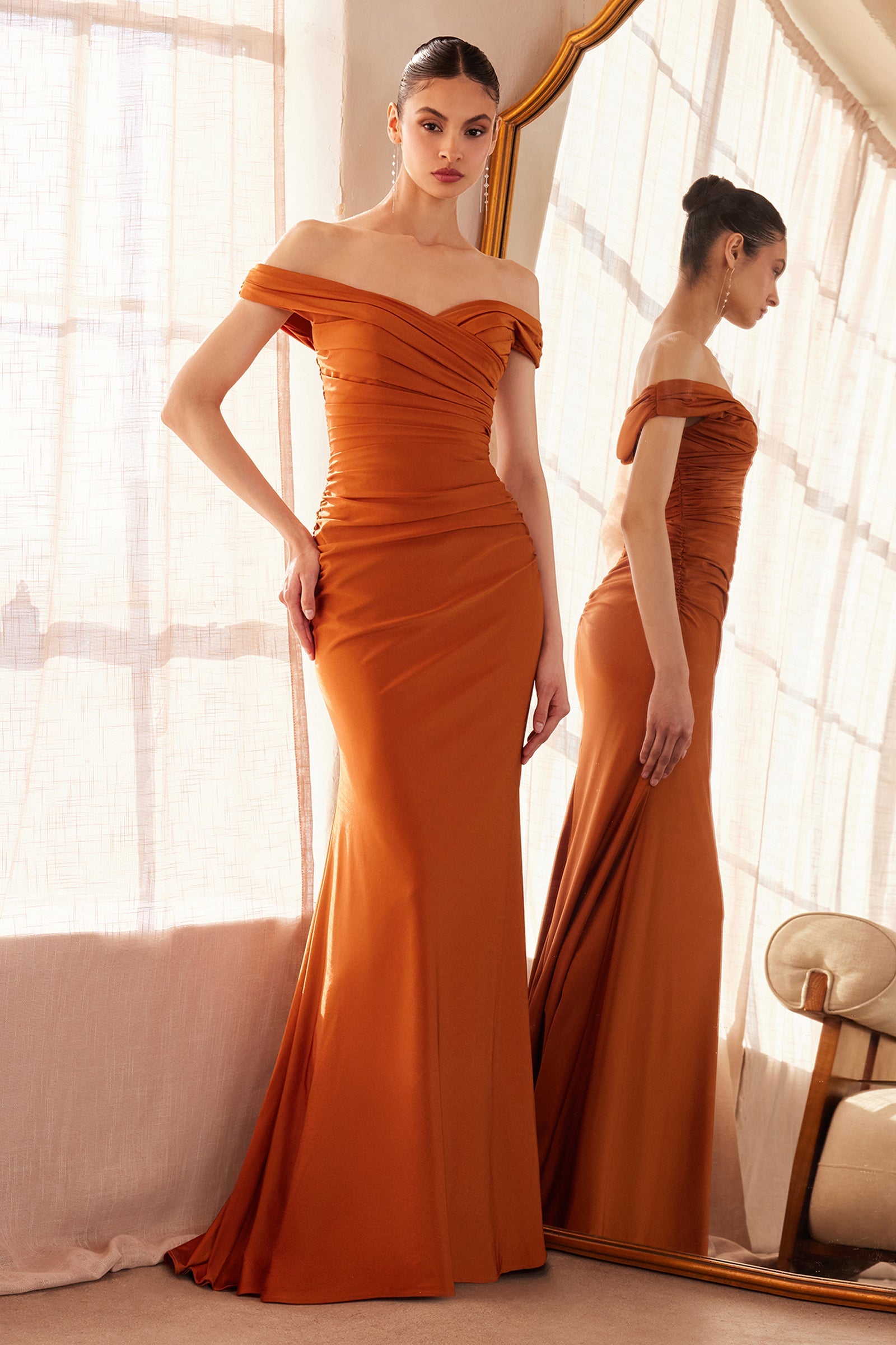 Jersey Fitted Off Shoulder Gown by Amoris T402