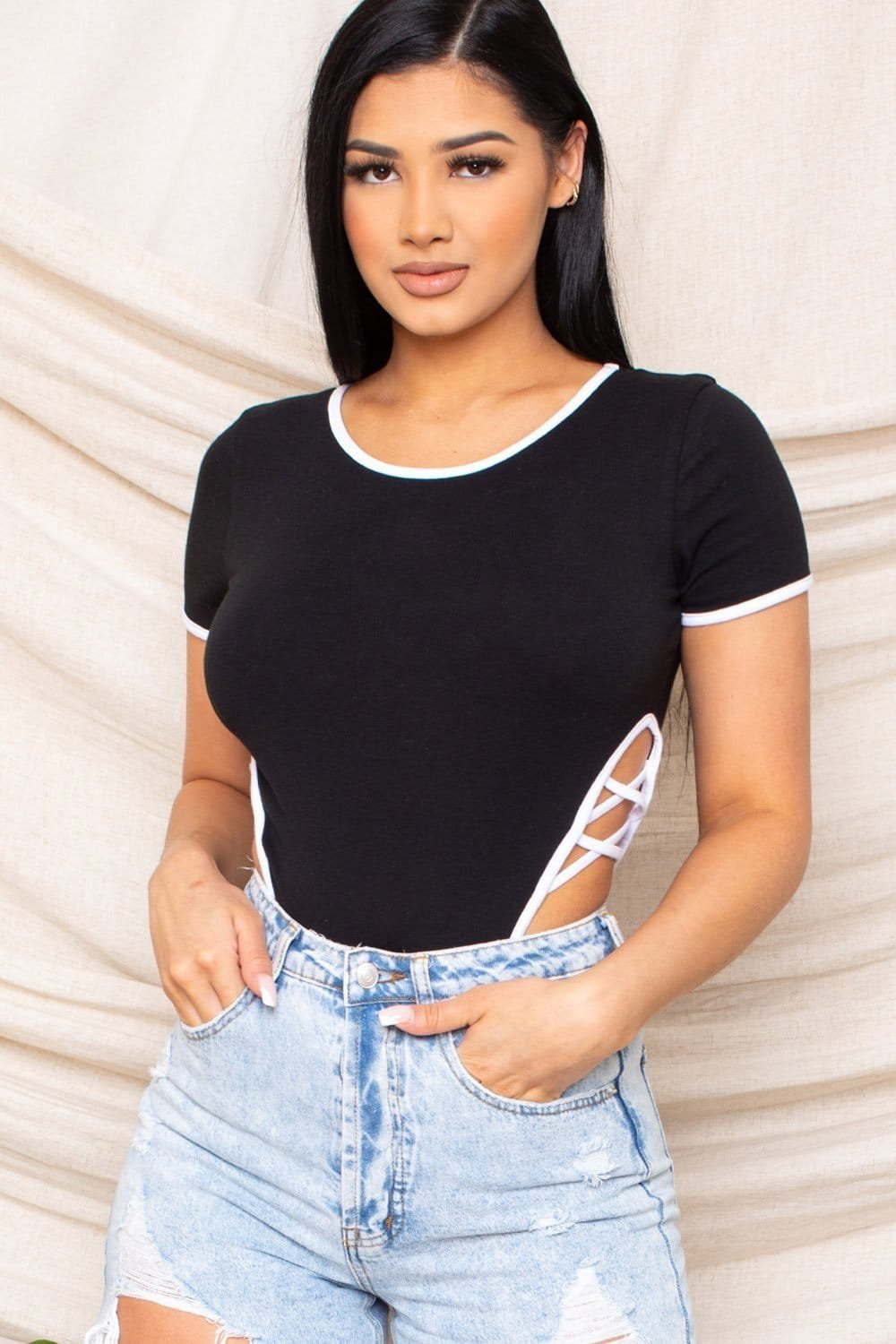 Color Contrast Bodysuit - Short Sleeve Snap Button Bottom With Criss Cross Detail BOUTINIE