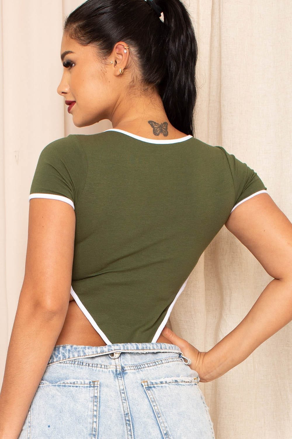 Color Contrast Bodysuit - Short Sleeve Snap Button Bottom With Criss Cross Detail BOUTINIE