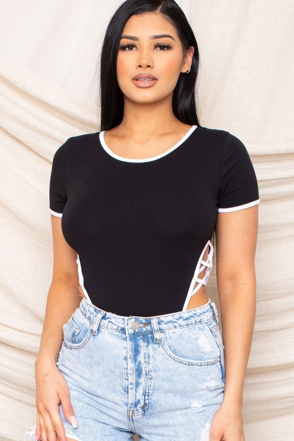 Color Contrast Bodysuit - Short Sleeve Snap Button Bottom With Criss Cross Detail BOUTINIE