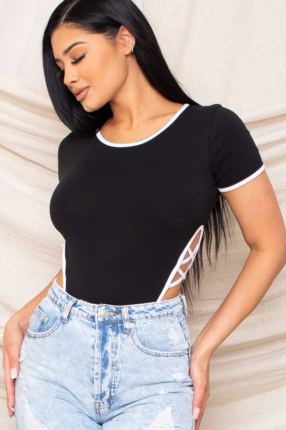 Color Contrast Bodysuit - Short Sleeve Snap Button Bottom With Criss Cross Detail BOUTINIE