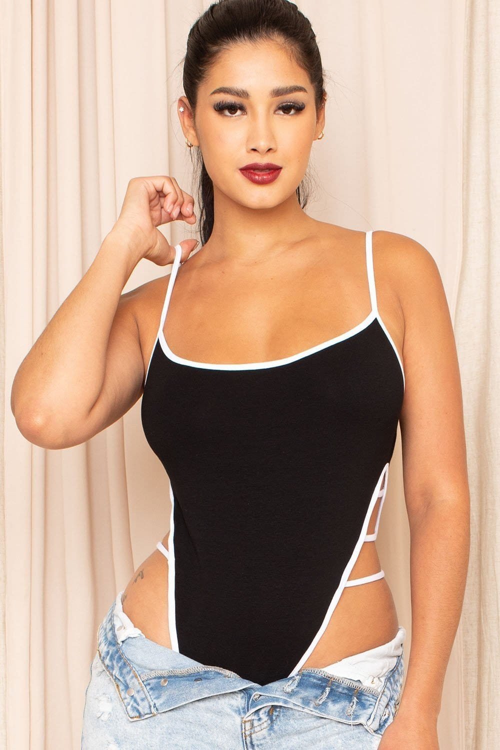 Color Contrast Bodysuit | High Side Cut Thong Snap Closure BOUTINIE