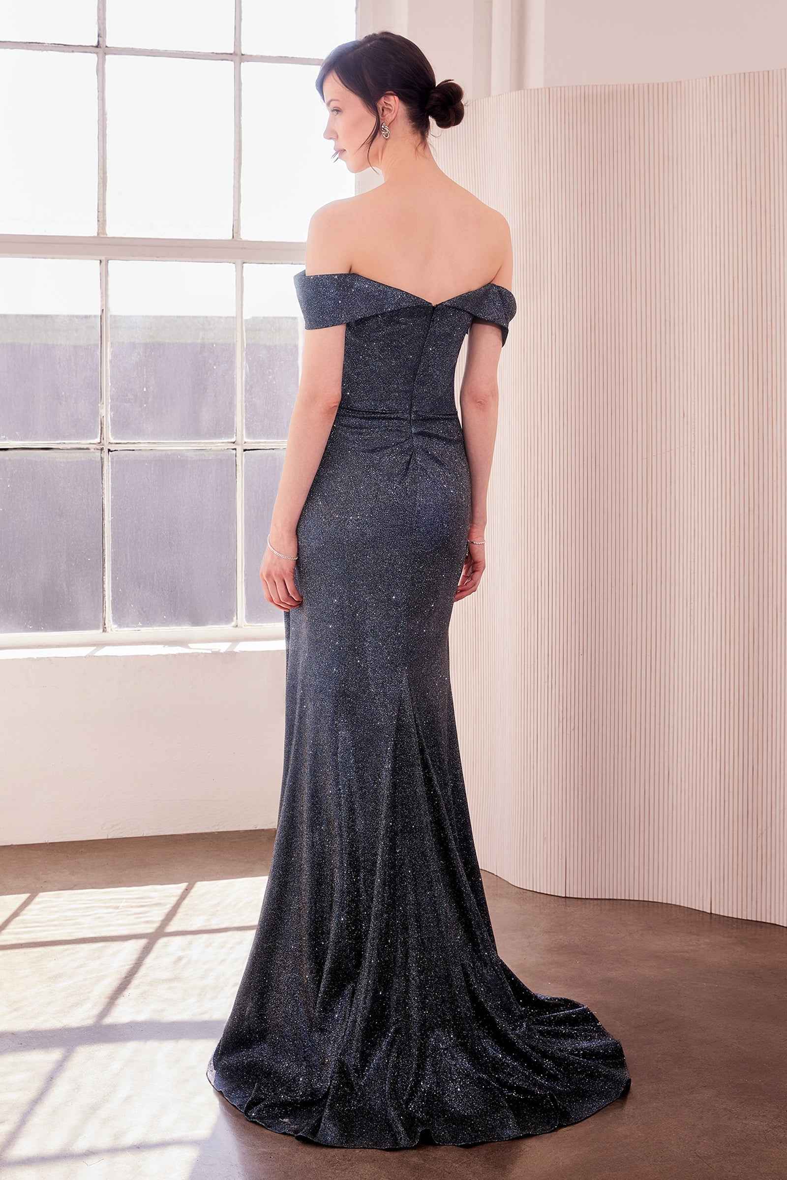 Metallic Off Shoulder Slit Gown by Amoris T605