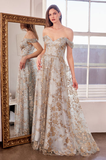 met glitter Print Off Shoulder Gown by Amoris T607