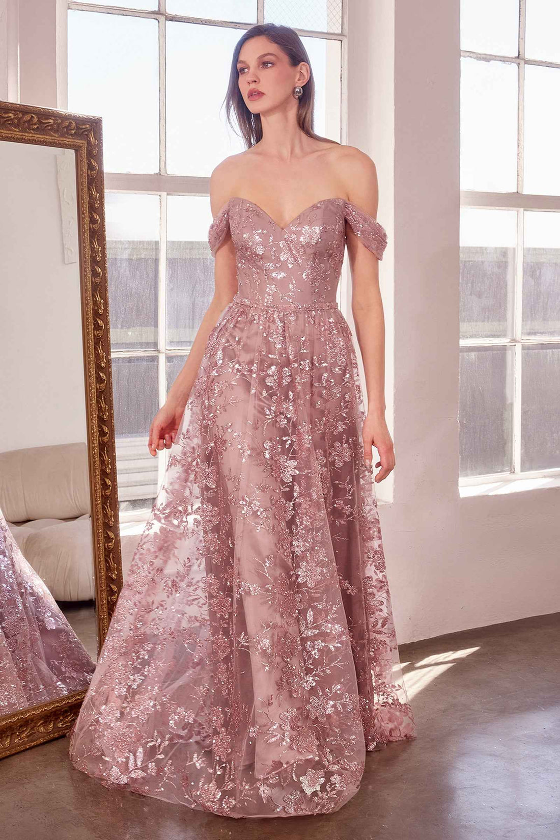 Glitter Print Off Shoulder Gown by Amoris T607