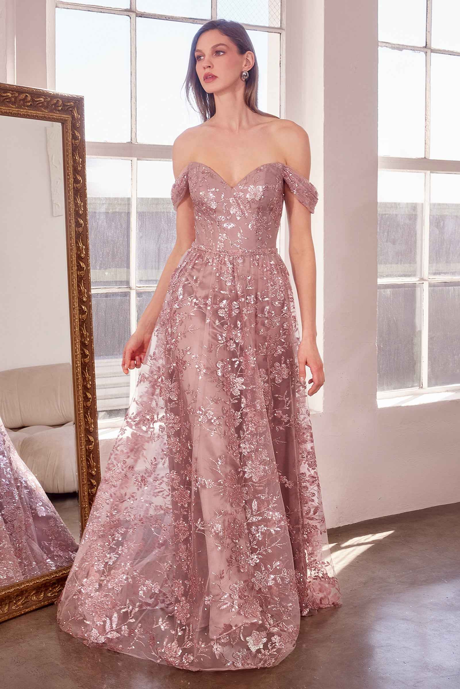 Glitter Print Off Shoulder Gown by Amoris T607