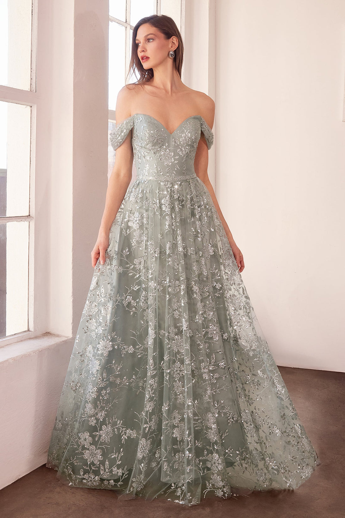 Glitter Print Off Shoulder Gown by Amoris T607