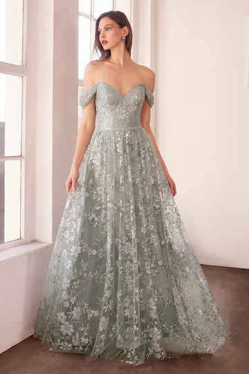 med glimmer Print Off Shoulder Gown by Amoris T607