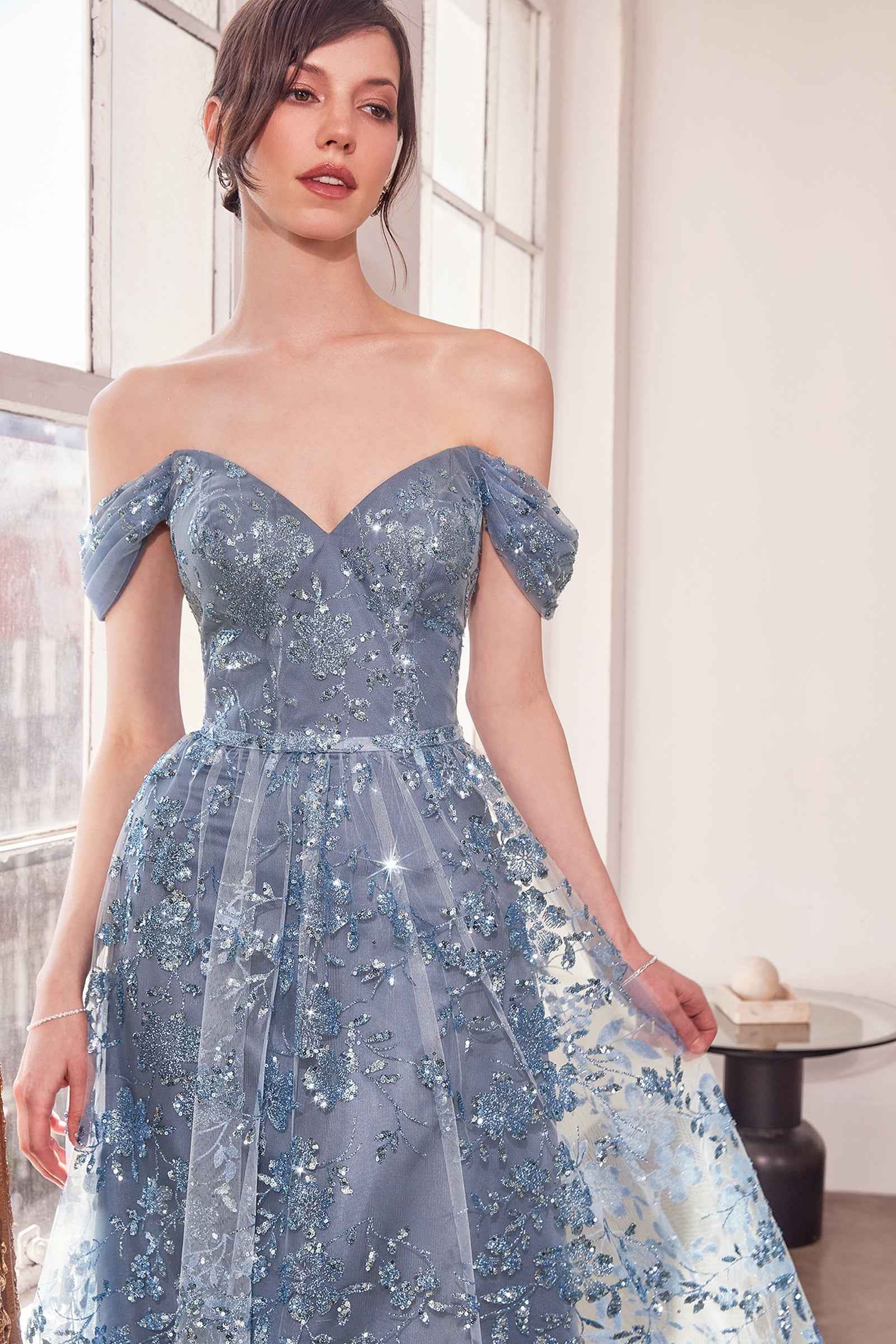 Glitter Print Off Shoulder Gown by Amoris T607