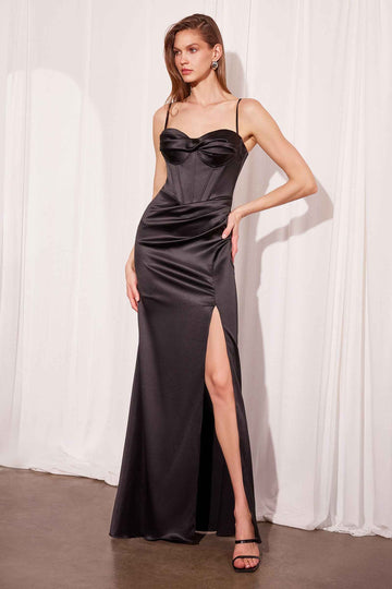 Satin Fitted Sleeveless Slit Gown by Amoris T608