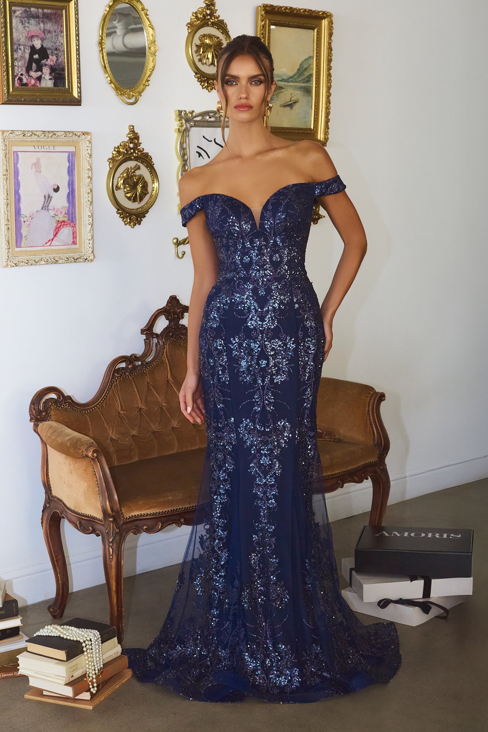 Glitter Print Fitted Off Shoulder Gown by Amoris T613