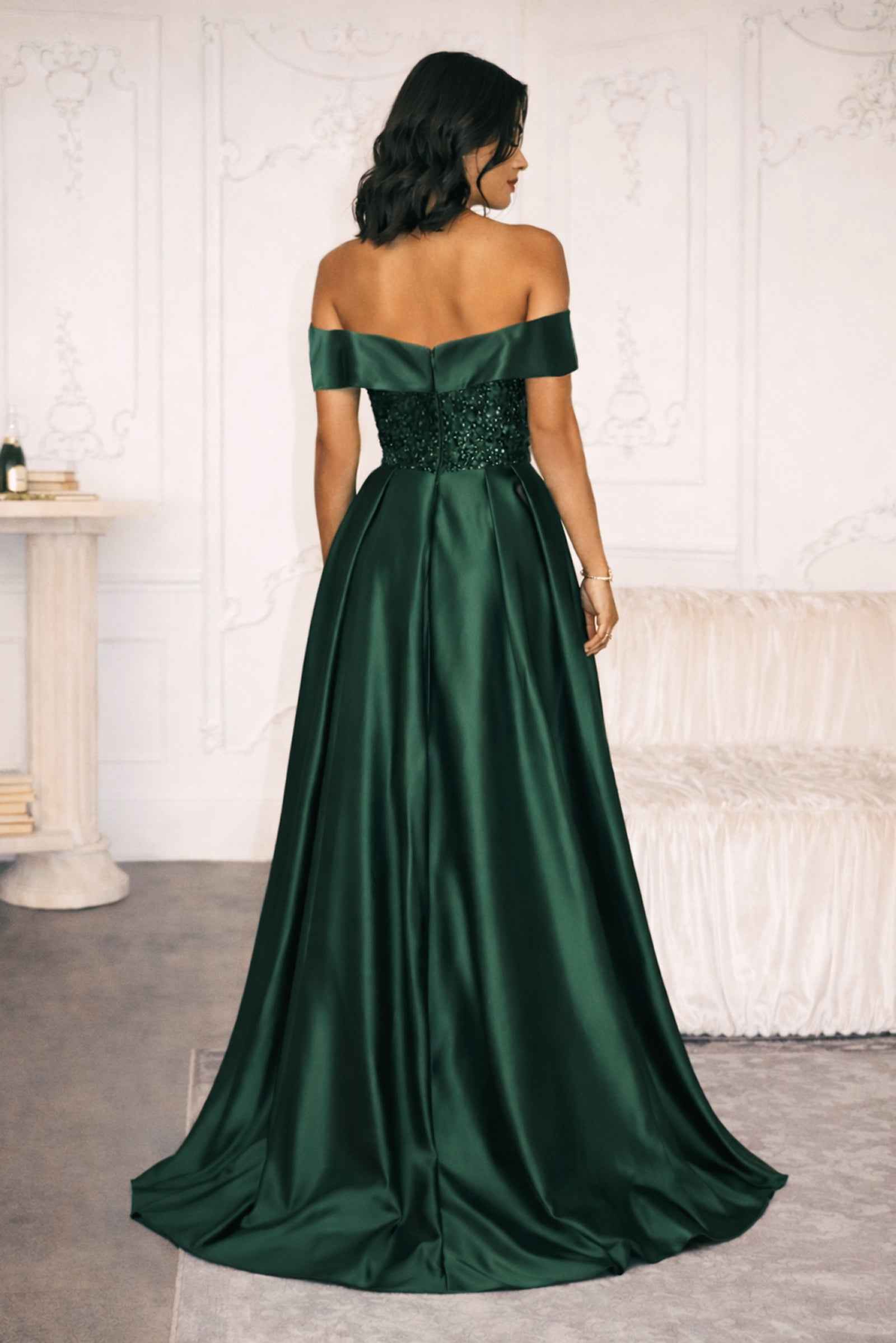 Glitter Satin Off Shoulder Slit Gown by Amoris T614