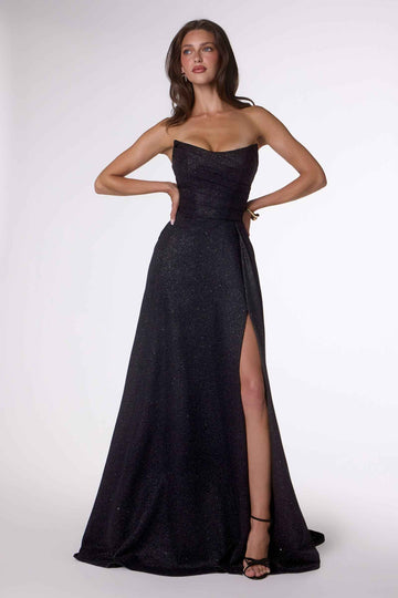 Glitter Strapless A-line Slit Gown by Amoris T701