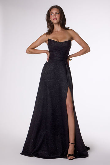 Glitter Strapless A-line Slit Gown by Ladivine T701
