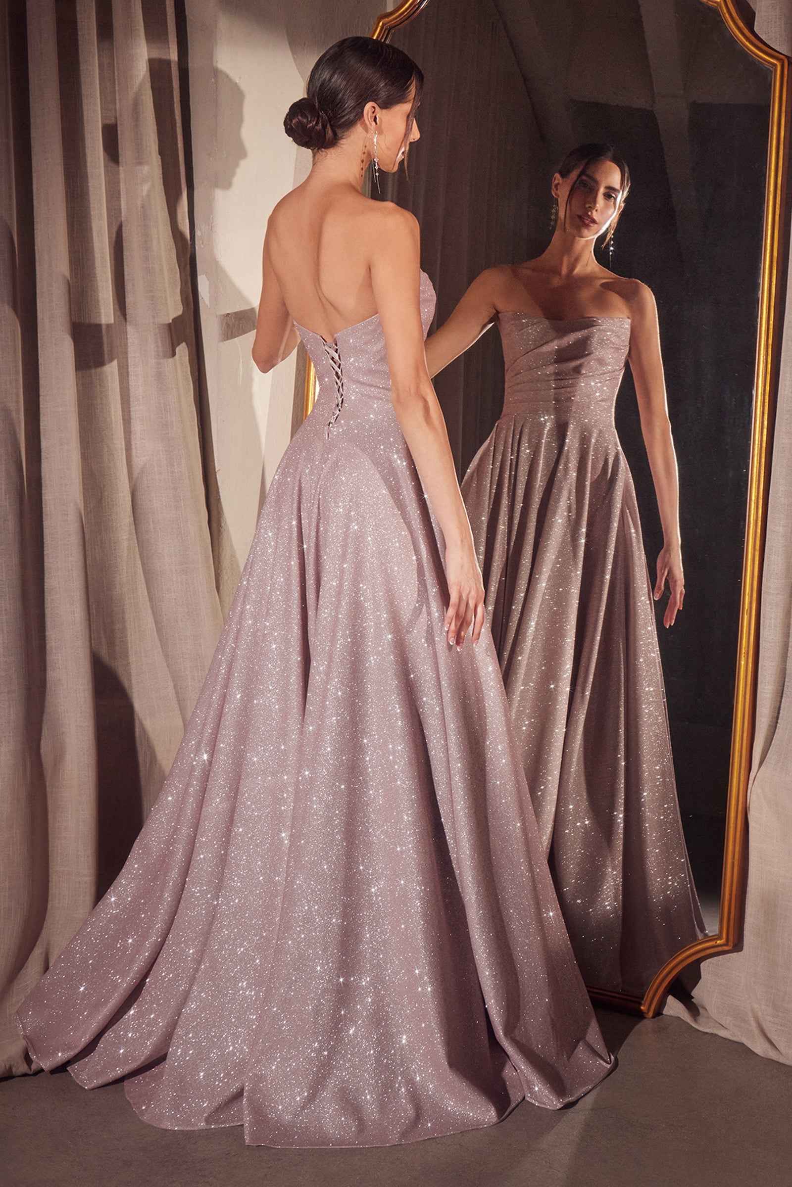 Glitter Strapless A-line Slit Gown by Amoris T701