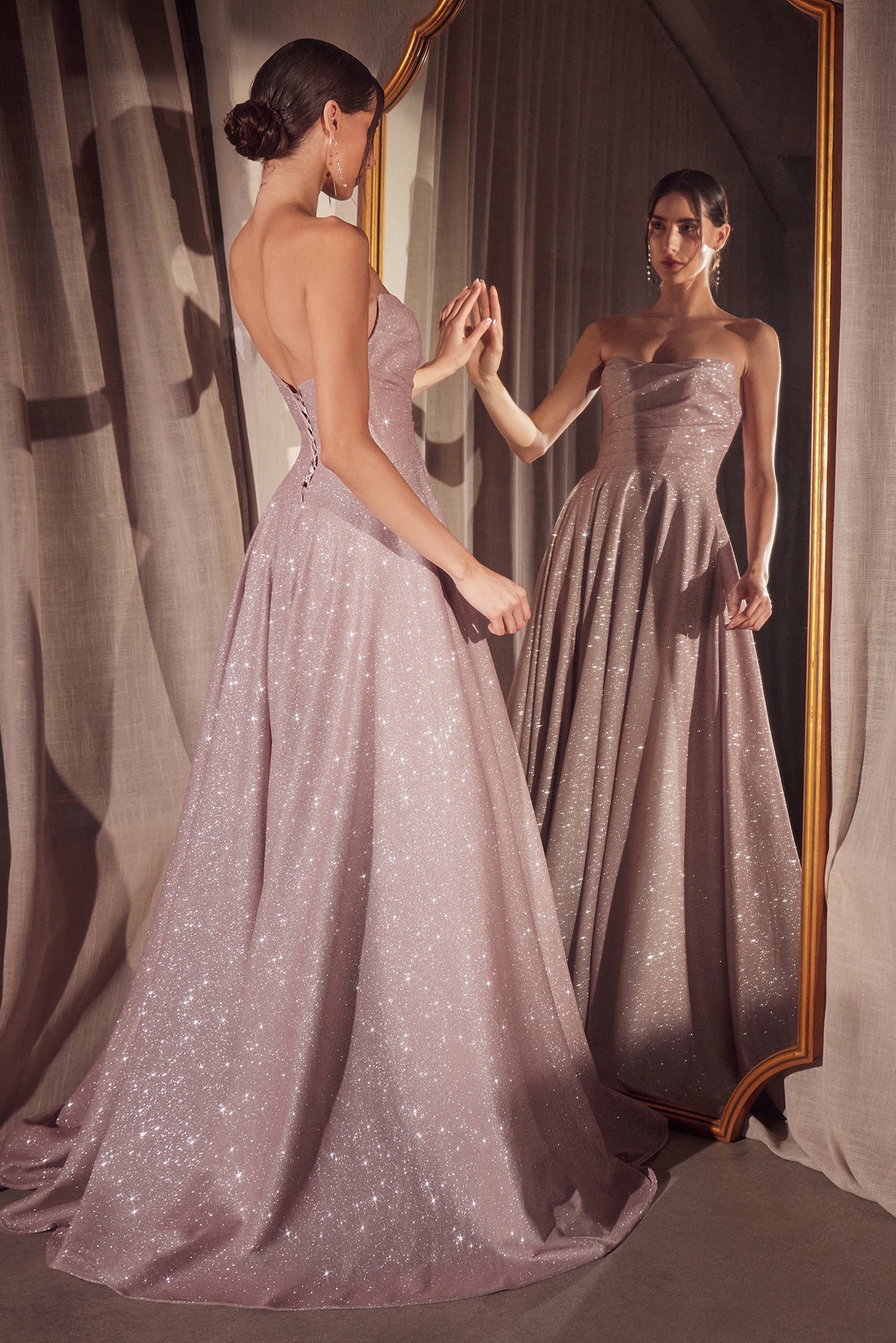 Glitter Strapless A-line Slit Gown by Ladivine T701