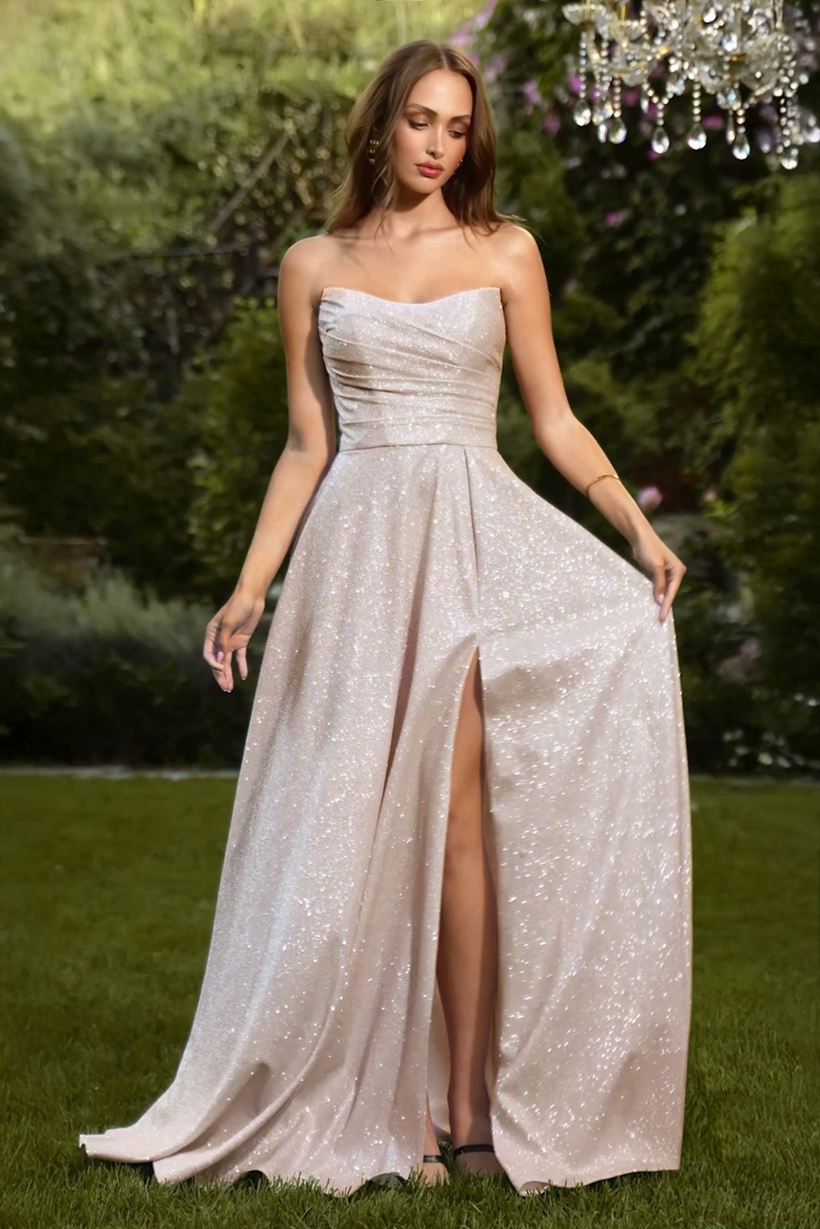 Glitter Strapless A-line Slit Gown by Amoris T701
