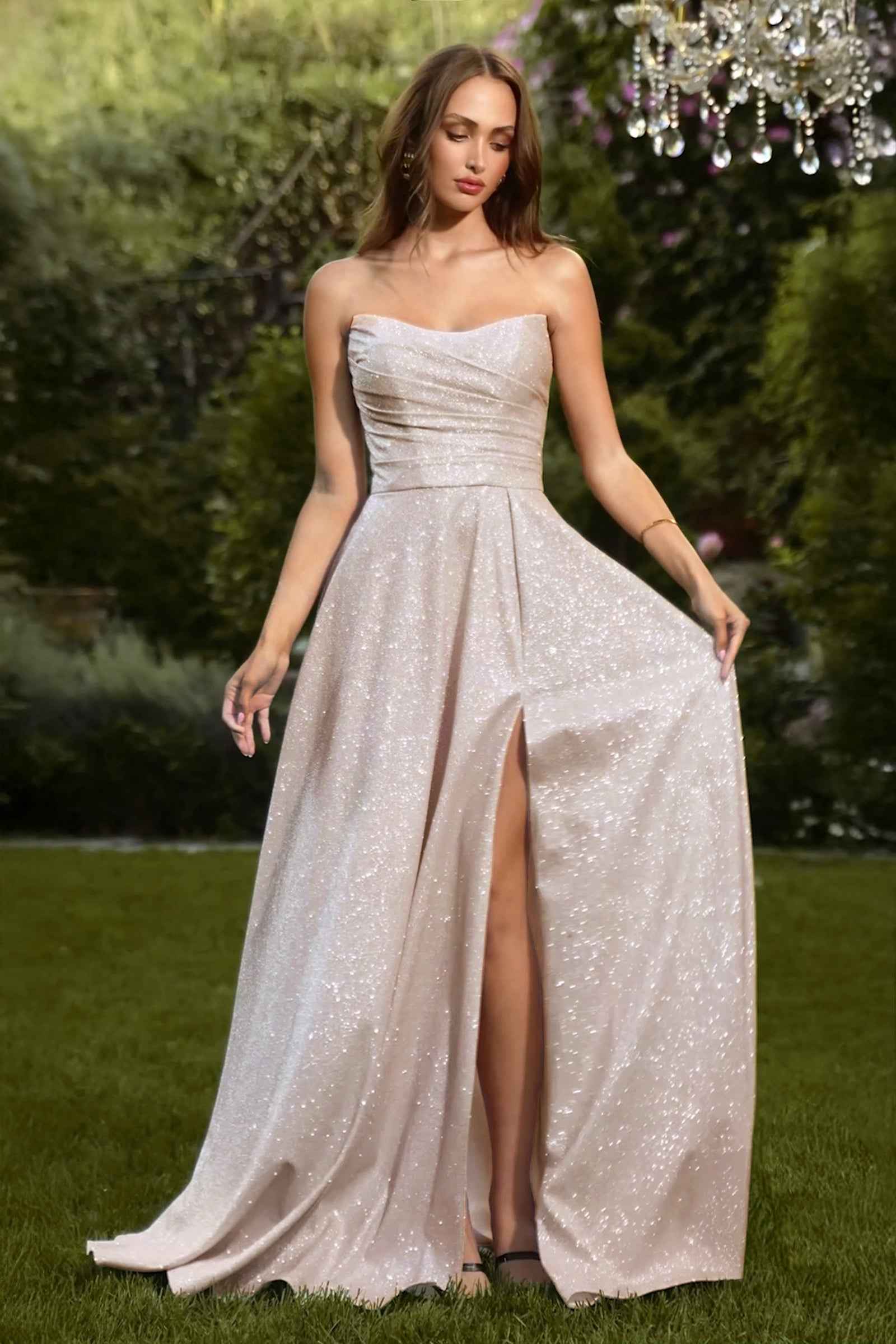 Glitter Strapless A-line Slit Gown by Amoris T701