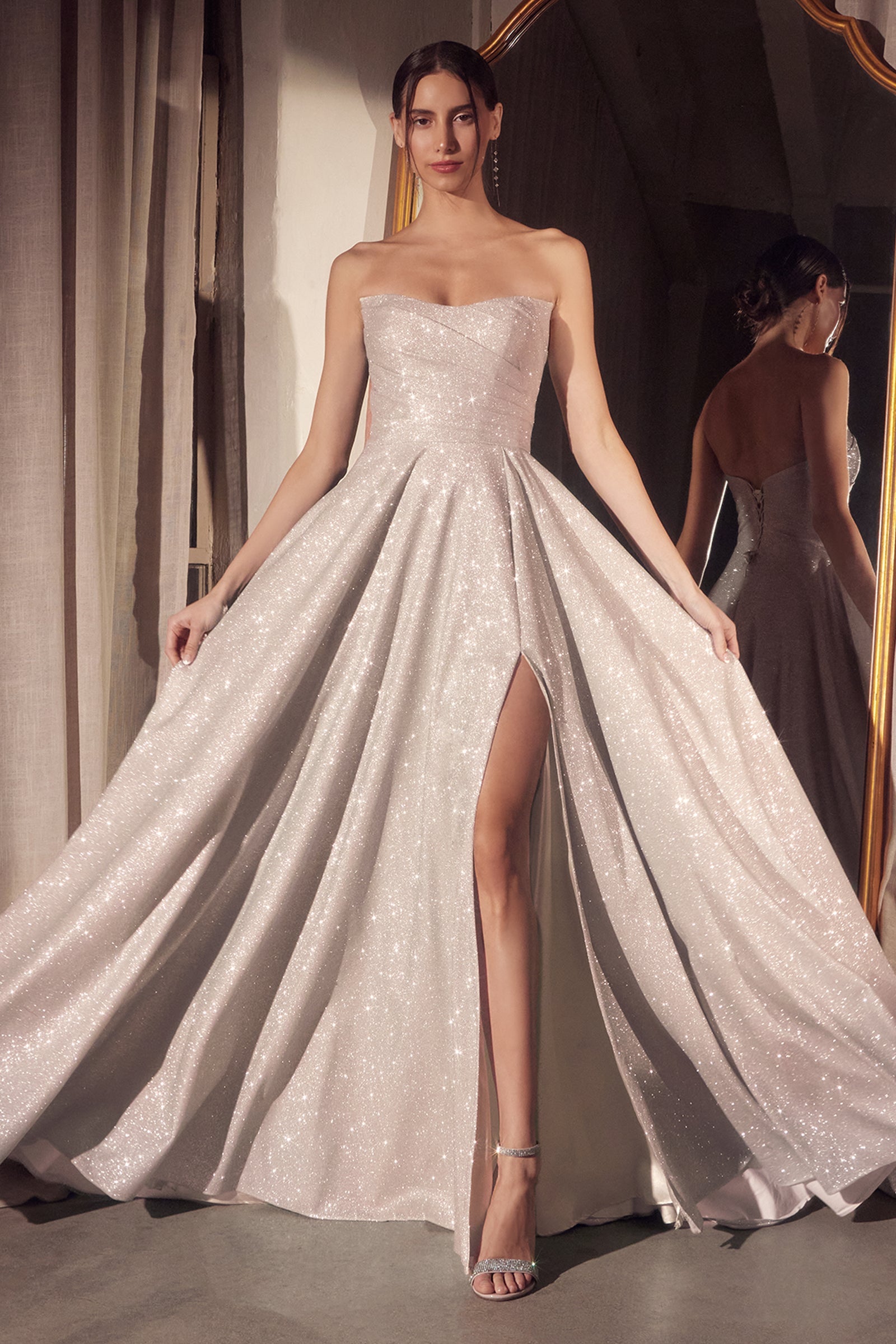 Glitter Strapless A-line Slit Gown by Amoris T701