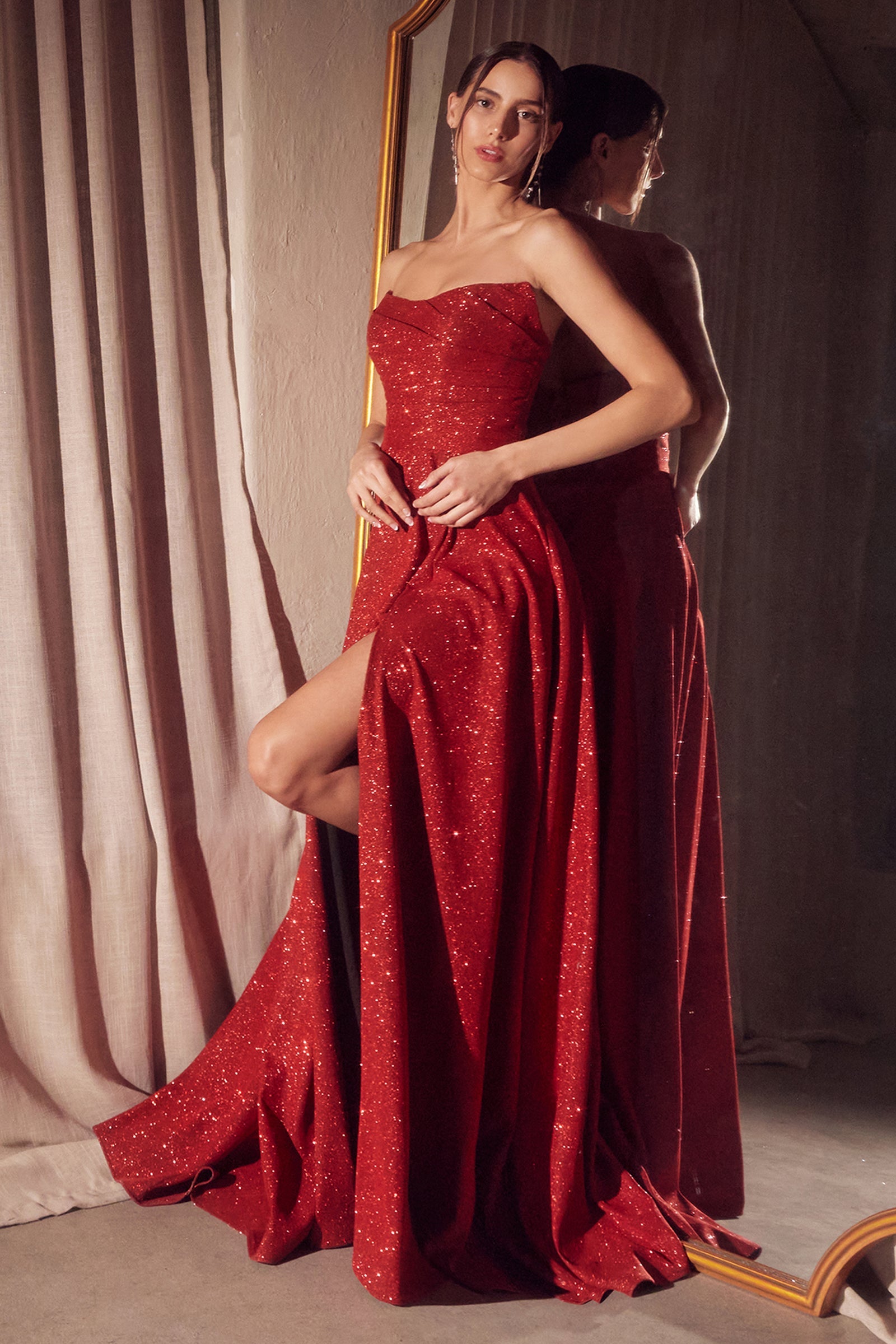 Glitter Strapless A-line Slit Gown by Amoris T701