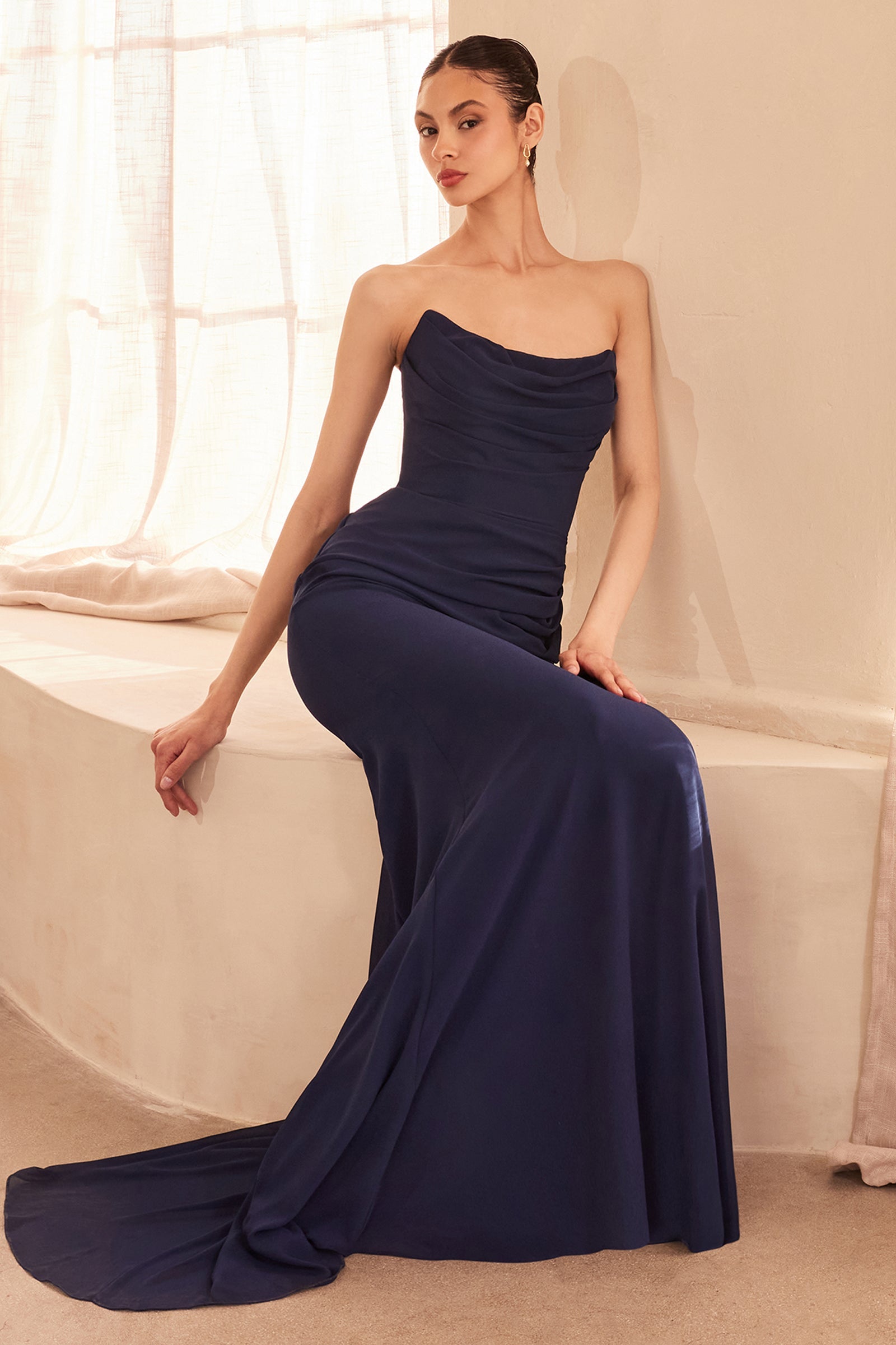 Chiffon Fitted Long Strapless Dress by Ladivine T702 Cinderella Divine