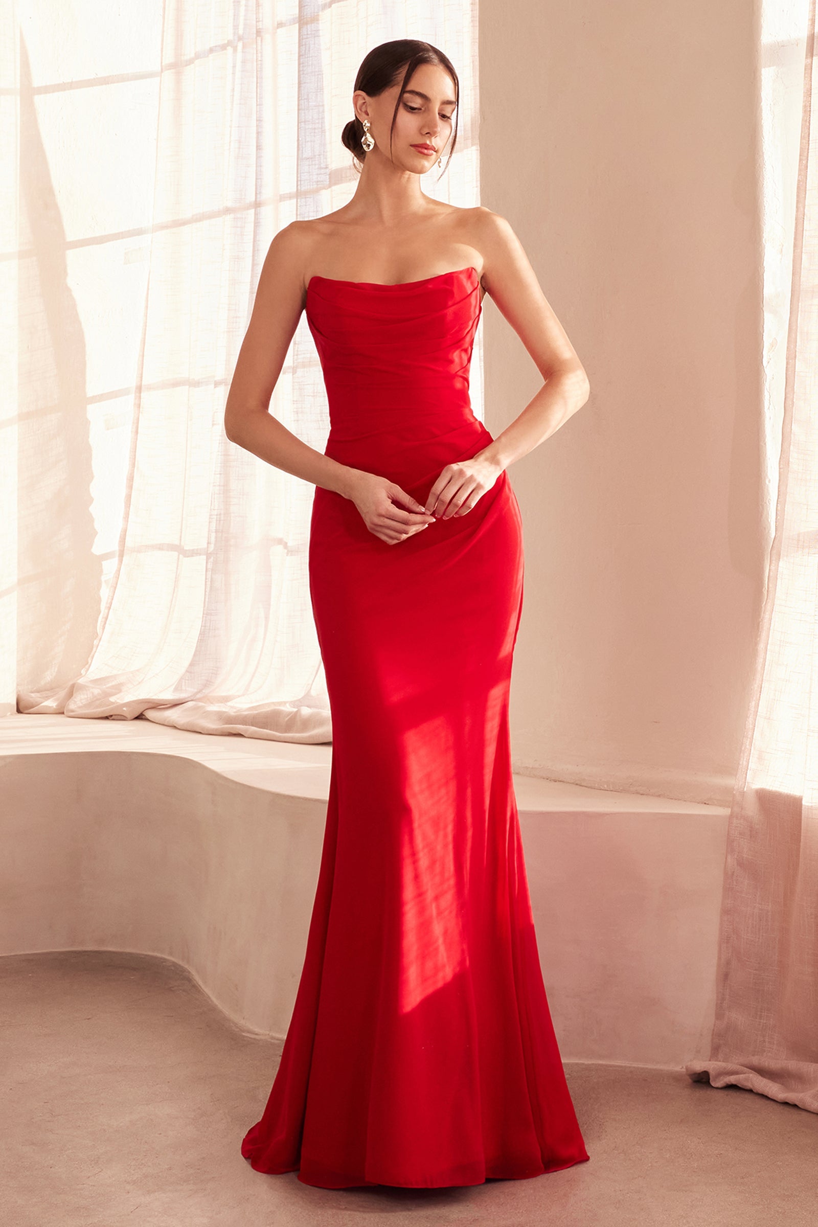 Chiffon Fitted Long Strapless Dress by Amoris T702