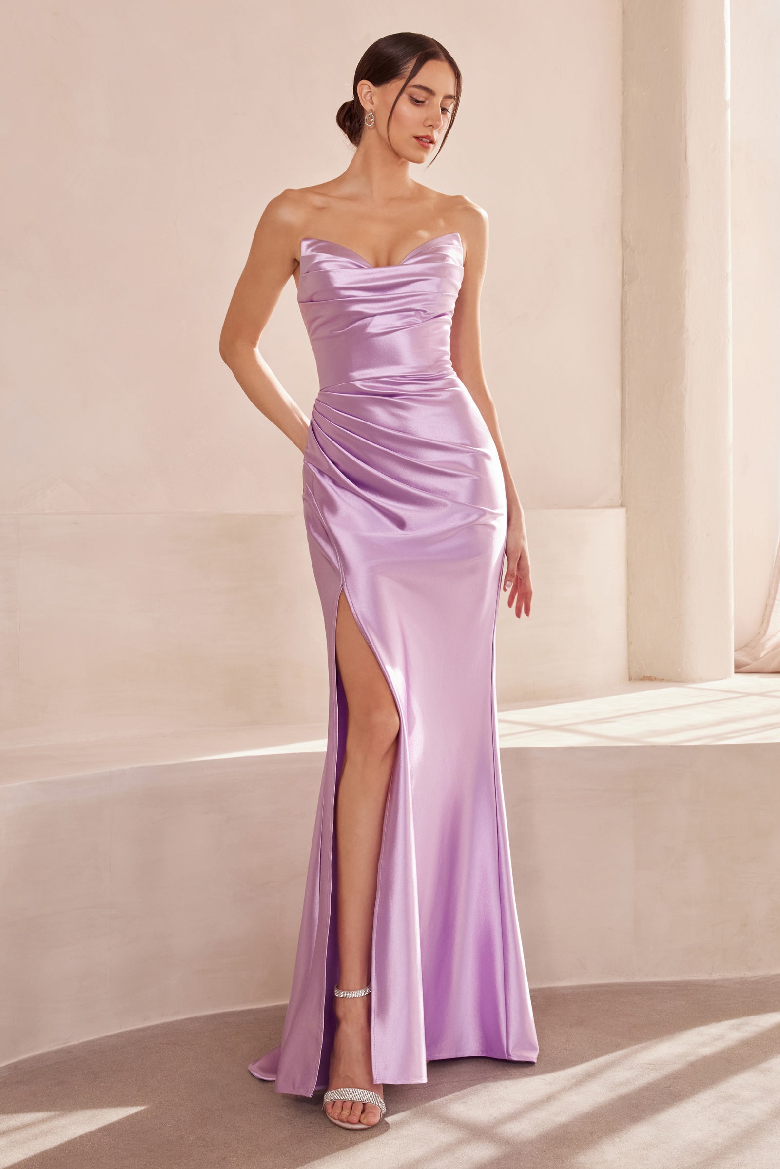 Satin Fitted Strapless Slit Gown by Amoris T704